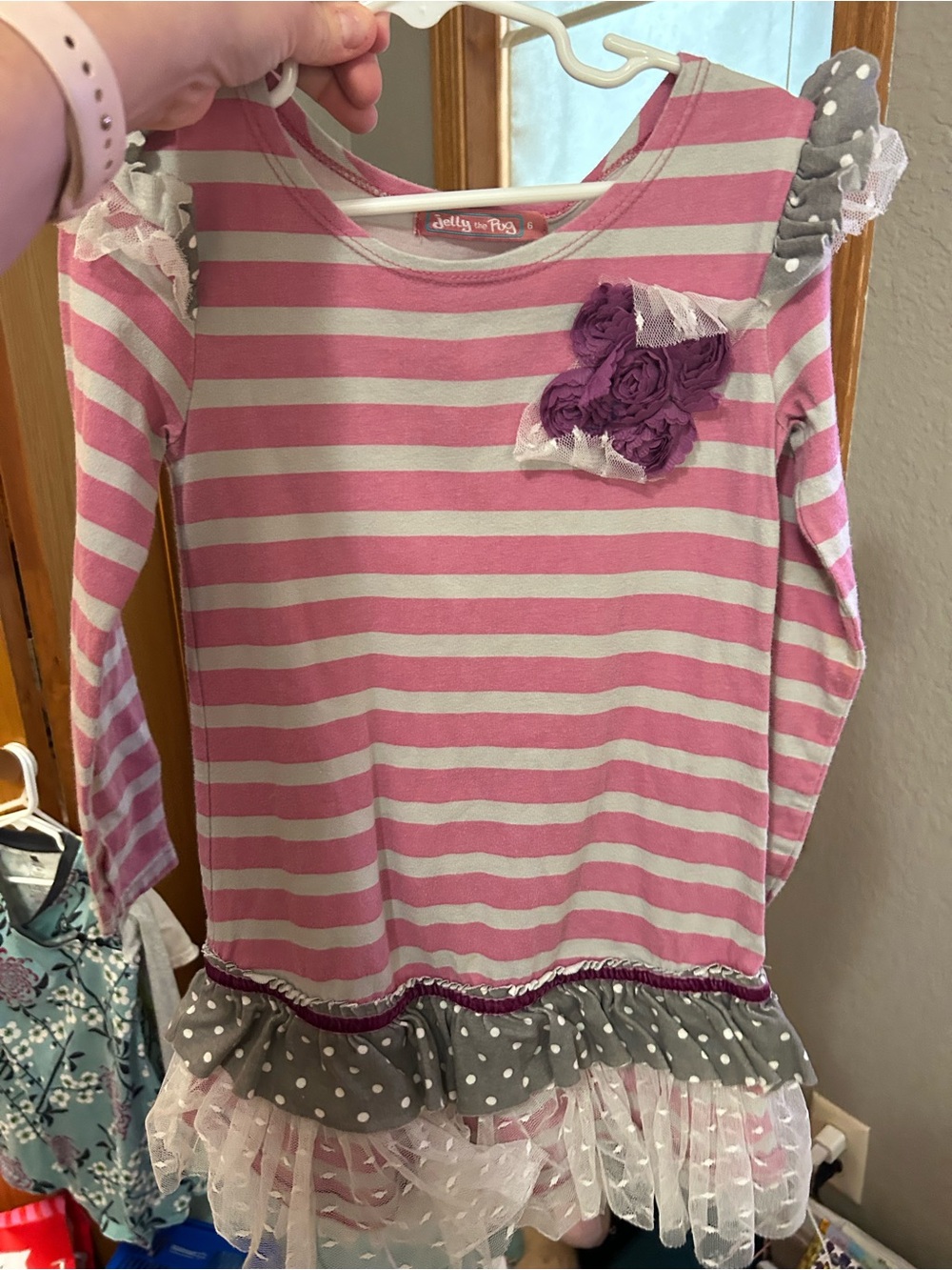 Jelly The Pug Pink and Cream Striped Long Sleeve Dress with Tulle Ruffle